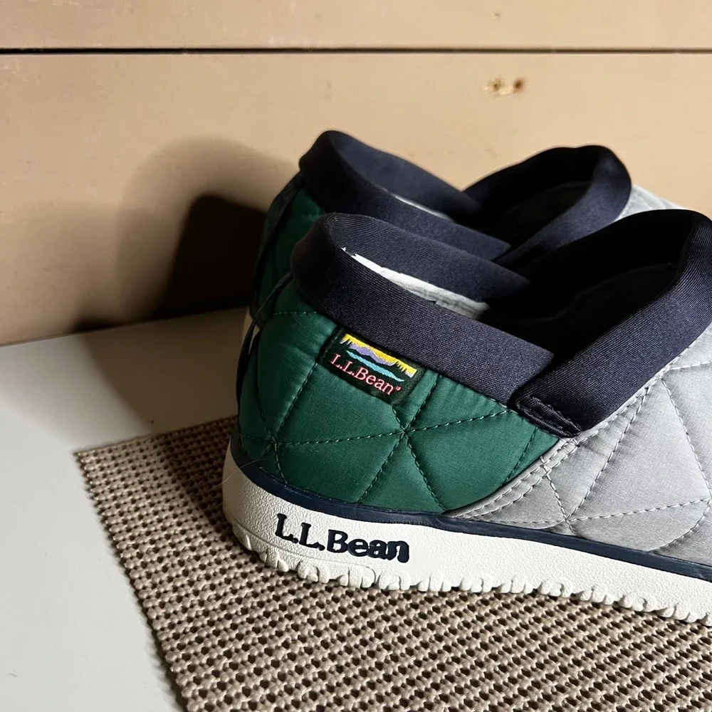 LL Bean Mountain Slippers Mens 9 Gray Green Quilted Insulated Slip On 511763